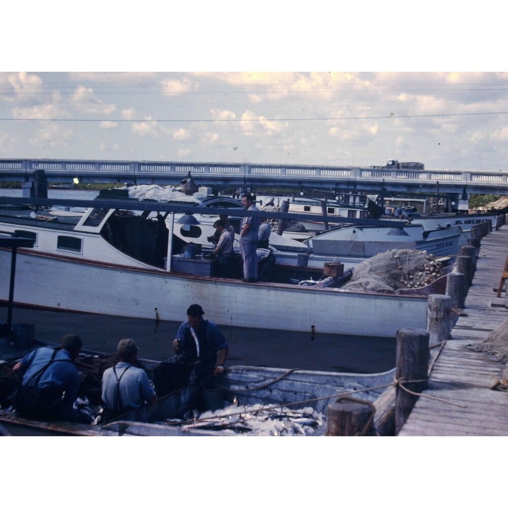 Kodak Slide 1940s Red Border Kodachrome Commercial Fisherman At A Marina